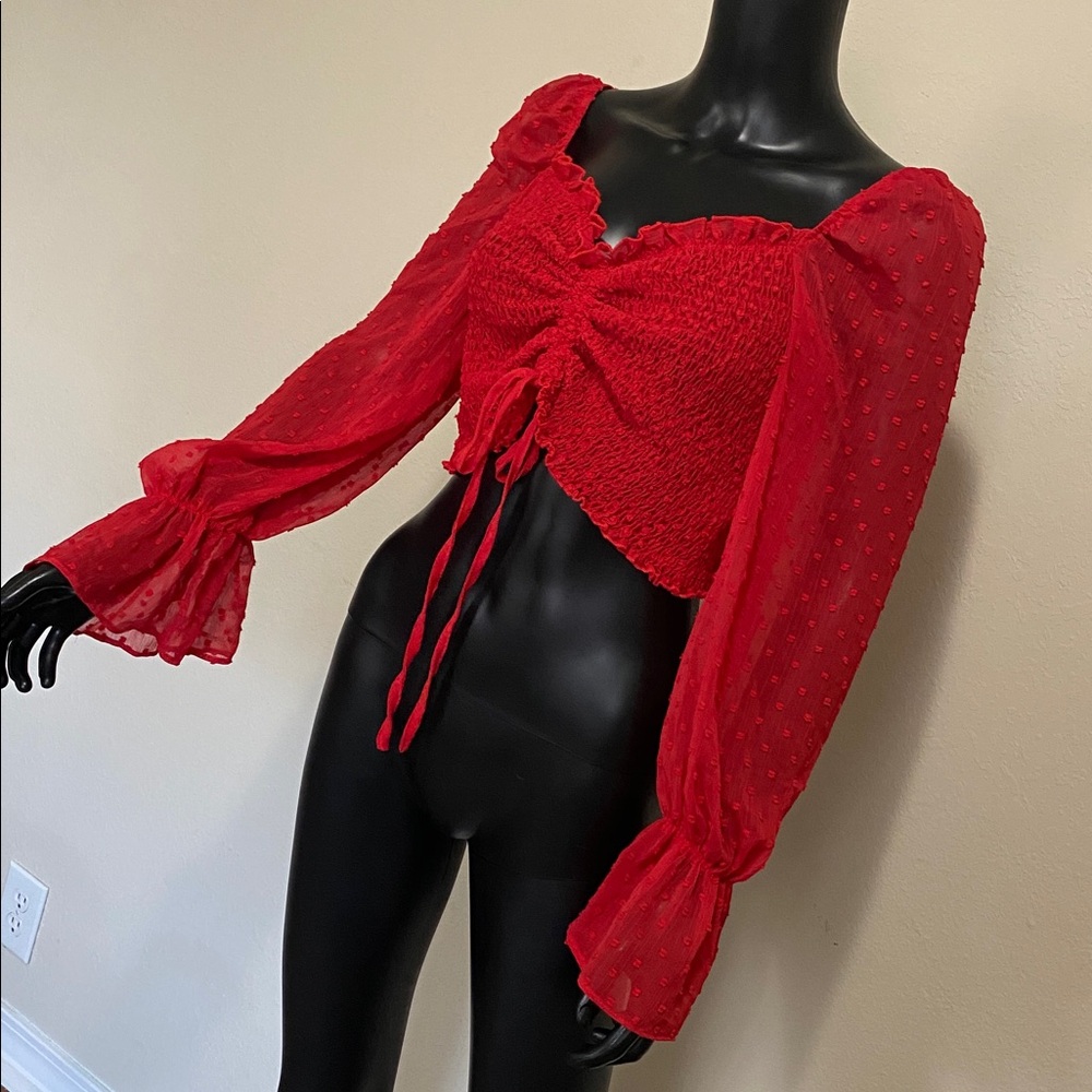 Romantic Red Ruched Sheer Sleeve Tie up Crop Top Blouse - Picture 5 of 12